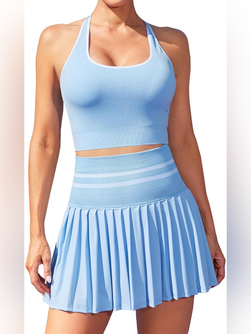 Tennis 2-Piece Outfit High Waisted Pleated Skirt Set Light Blue Small